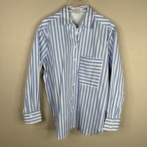 Ayr Shirt Womens Small Blue Striped Cotton Pocket Long Sleeve Collared Button-Up